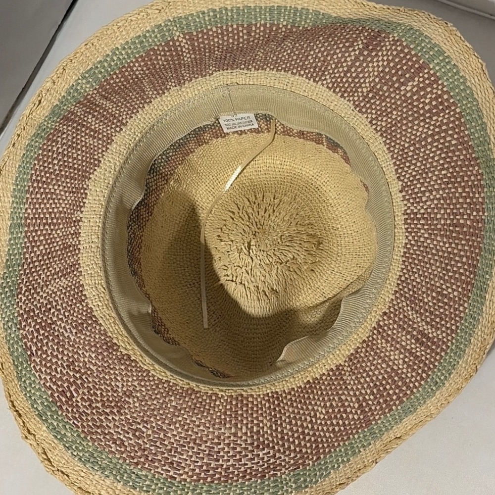 Woven Paper Straw Sun Hat Wide Brim Fedora Striped Boho Beach Tan Green 57cm - Picture 6 of 7